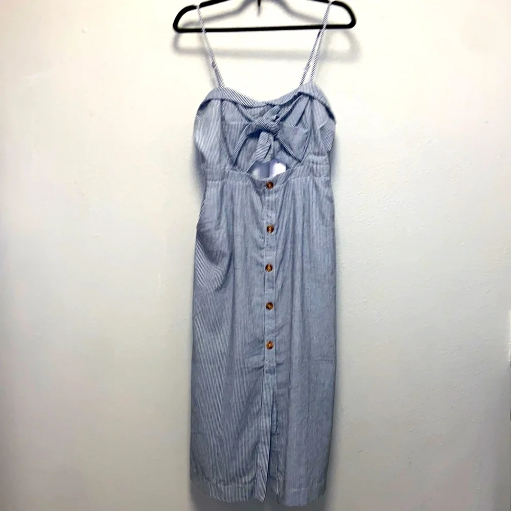 White Closet Navy White Ticking Sweetheart Neckline Nautical Midi Sundress - Picture 1 of 11